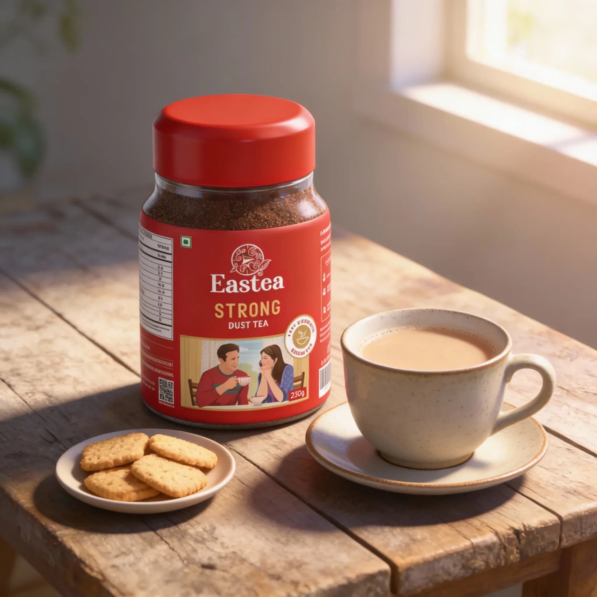 Eastea Strong dust tea jar with biscuits
